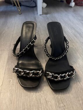 Michael Kors Black Slide Sandals with Silver Chain
